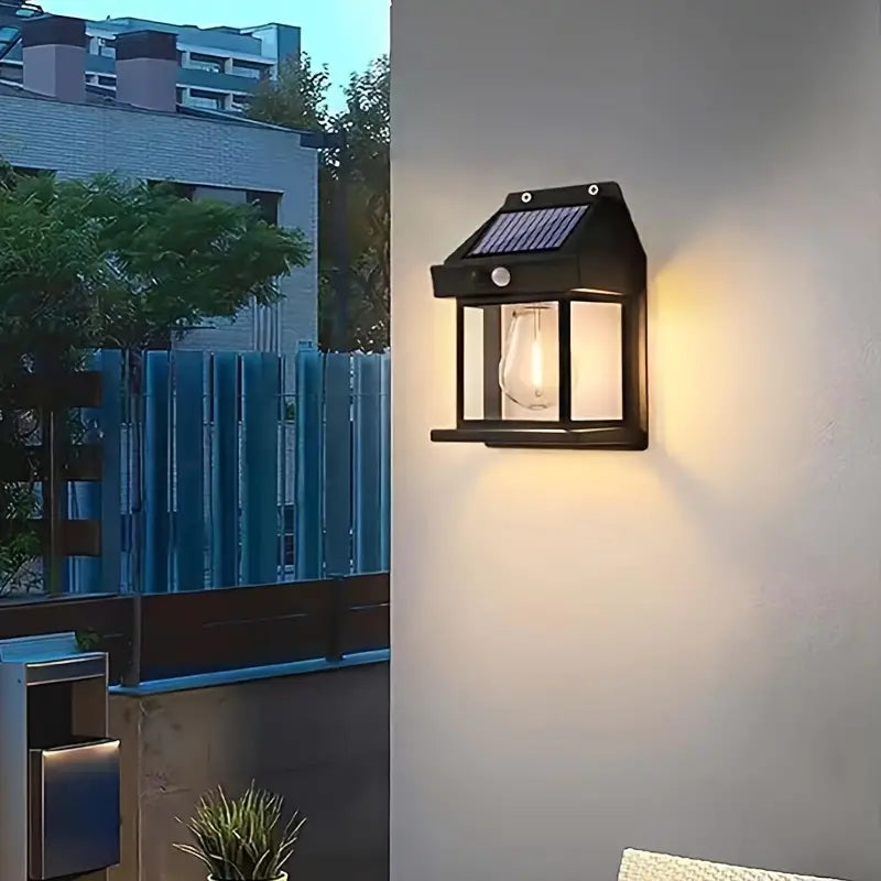 Solar-Powered LED Wall Light with Motion Sensor - Dimmable, Button Control, Polished Finish for Outdoor Use